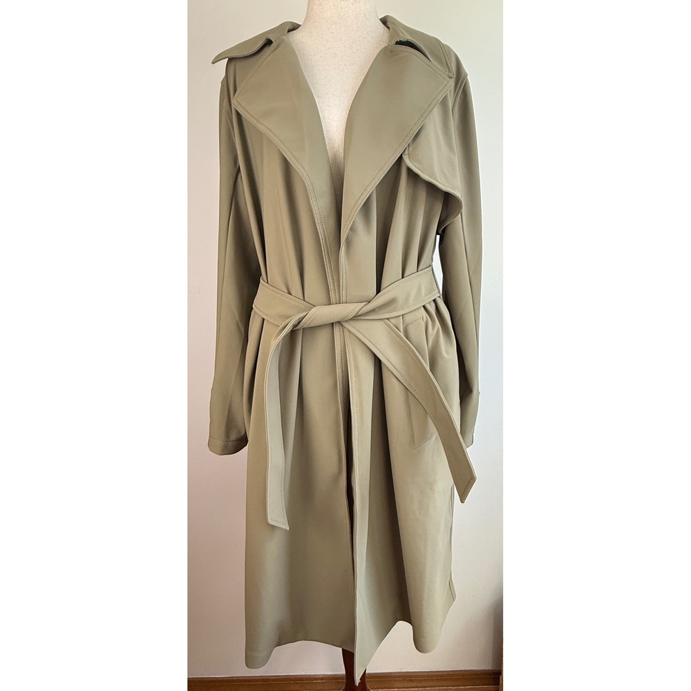 Athleta Stellar Trench Coat Women Large Olive Green Belted Long Jacket 842421
